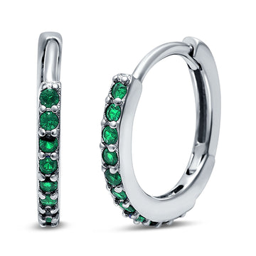 Half Eternity Hoop Earrings Round Simulated Green Emerald CZ 925 Sterling Silver (16mm)